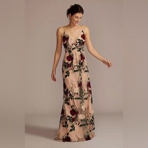 David's Bridal Floral Maxi Dress - Burgundy and Cream